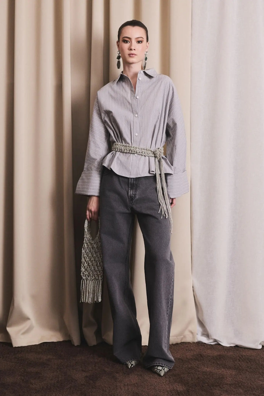 Iben Atari Embellished Shirt Grey Stripe