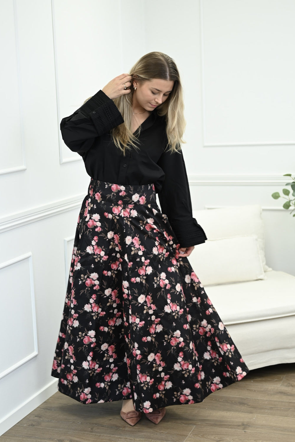 Taffeta Maxi Skirt Falling Flowers